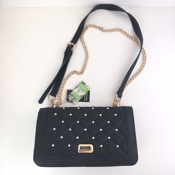 Badgley Mischka Crossbody Purse Bag Black Quilted Gold Studs Chain Faux Leather - Picture 2 of 10